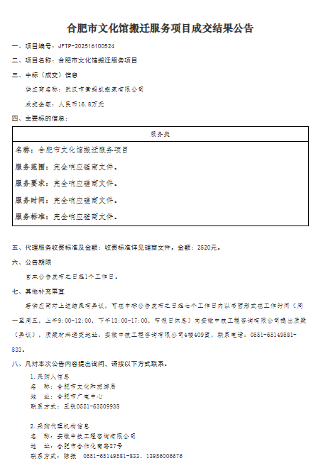 合肥市文化馆搬迁服务项目成交结果公告